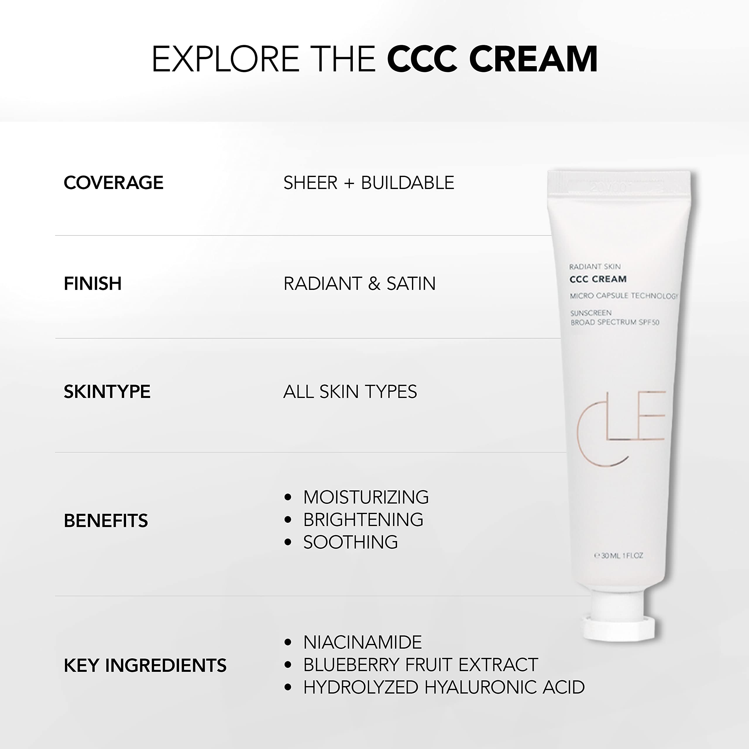 Cle Cosmetics CCC Cream Foundation, Color Control and Change Cream That's a BB and CC Cream Hybrid, Multi-purpose Beauty Primer and Facial Foundation, 1 fl oz SPF 30 (Neutral Medium Light 201)