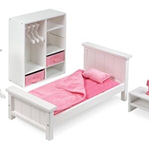 Badger Basket Toy Bedroom Furniture Set with Doll Bed, Armoire, and Nightstand for 18 inch Dolls - Pink/White