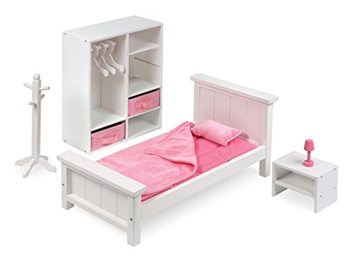 Badger Basket Toy Bedroom Furniture Set with Doll Bed, Armoire, and Nightstand for 18 inch Dolls - Pink/White