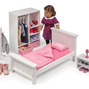 Badger Basket Toy Bedroom Furniture Set with Doll Bed, Armoire, and Nightstand for 18 inch Dolls - Pink/White