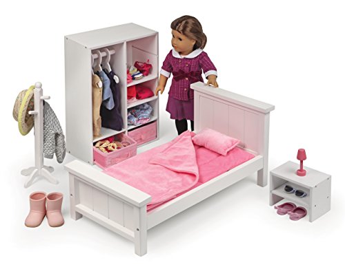 Badger Basket Toy Bedroom Furniture Set with Doll Bed, Armoire, and Nightstand for 18 inch Dolls - Pink/White