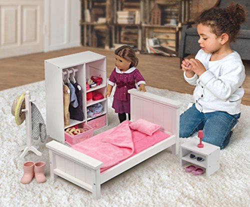 Badger Basket Toy Bedroom Furniture Set with Doll Bed, Armoire, and Nightstand for 18 inch Dolls - Pink/White