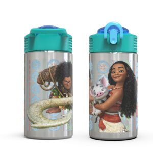 Zak Designs Moana 15.5oz Stainless Steel Kids Water Bottle with Flip-up Straw Spout - BPA Free Durable Design, Moana SS