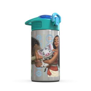 Zak Designs Moana 15.5oz Stainless Steel Kids Water Bottle with Flip-up Straw Spout - BPA Free Durable Design, Moana SS