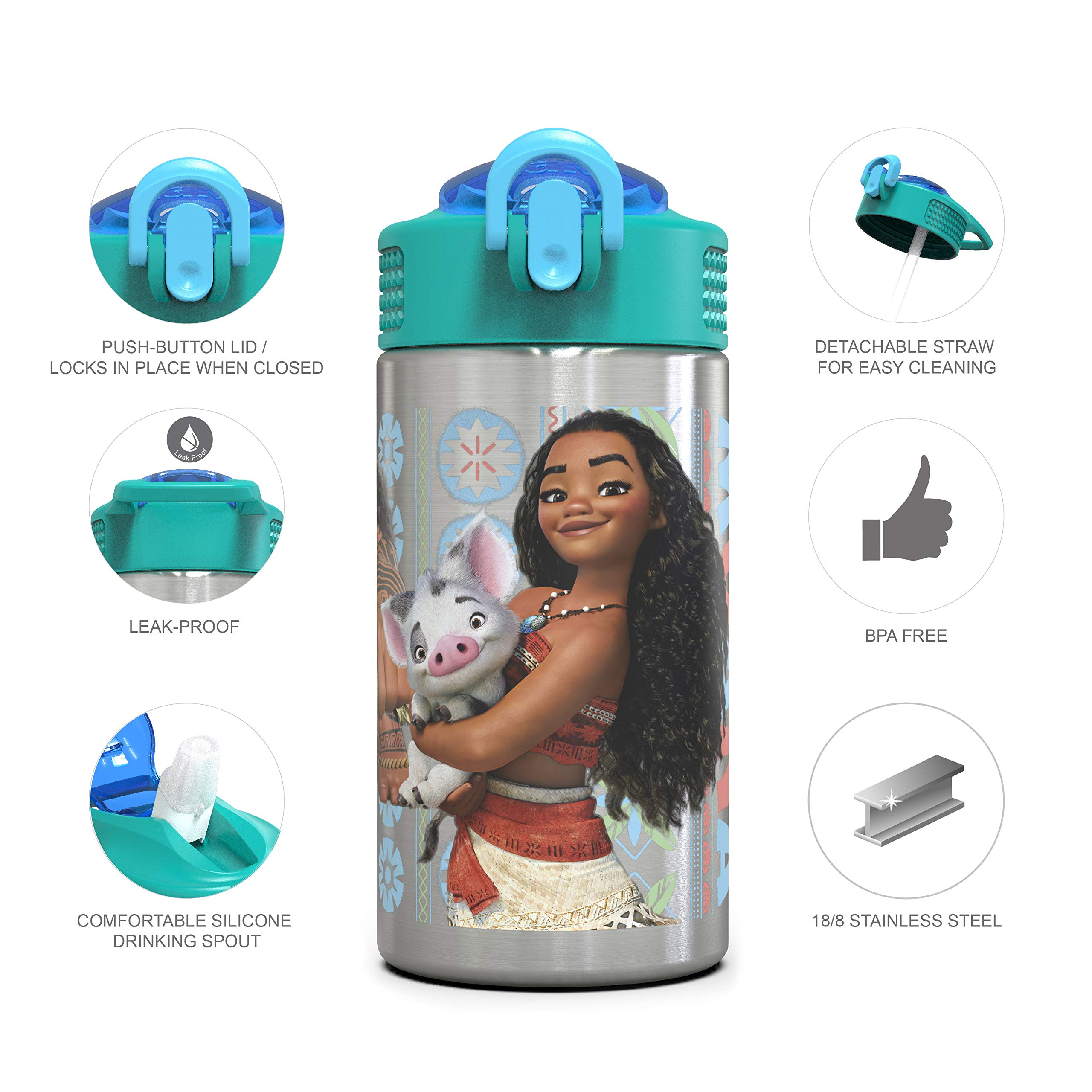 Zak Designs Moana 15.5oz Stainless Steel Kids Water Bottle with Flip-up Straw Spout - BPA Free Durable Design, Moana SS