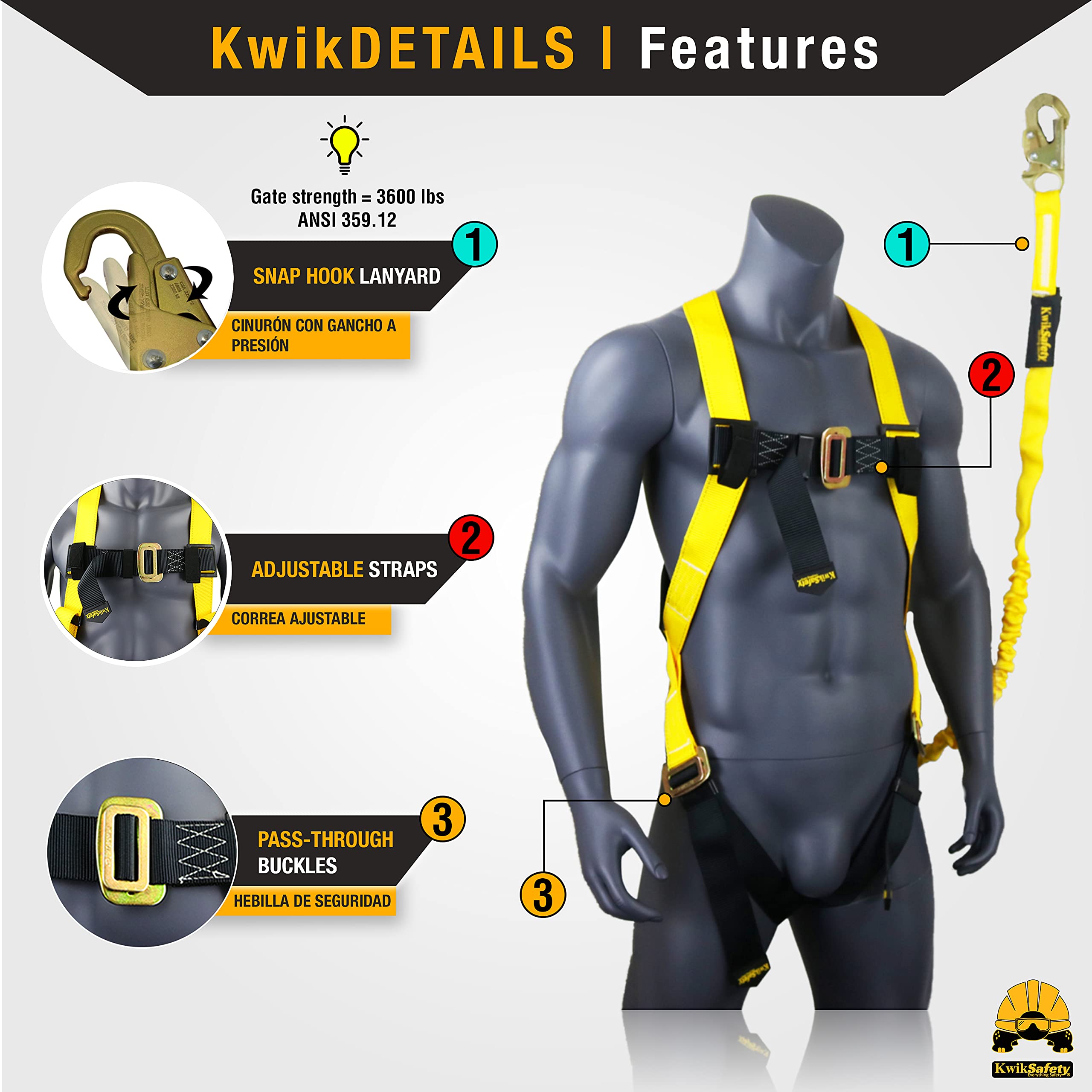 KwikSafety - Charlotte, NC - SCORPION Safety Harness [w/attached 6ft. Tubular Lanyard on back] OSHA ANSI Fall Protection INTERNAL Shock Absorbing Lanyard/Construction Carpenter Scaffolding