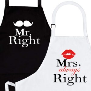 nomsum mr. & mrs. right 2-piece 1-size matching kitchen apron for his and hers, unique gift ideas for couples, kitchen aprons gift set for weddings, anniversaries, engagements, and housewarmings