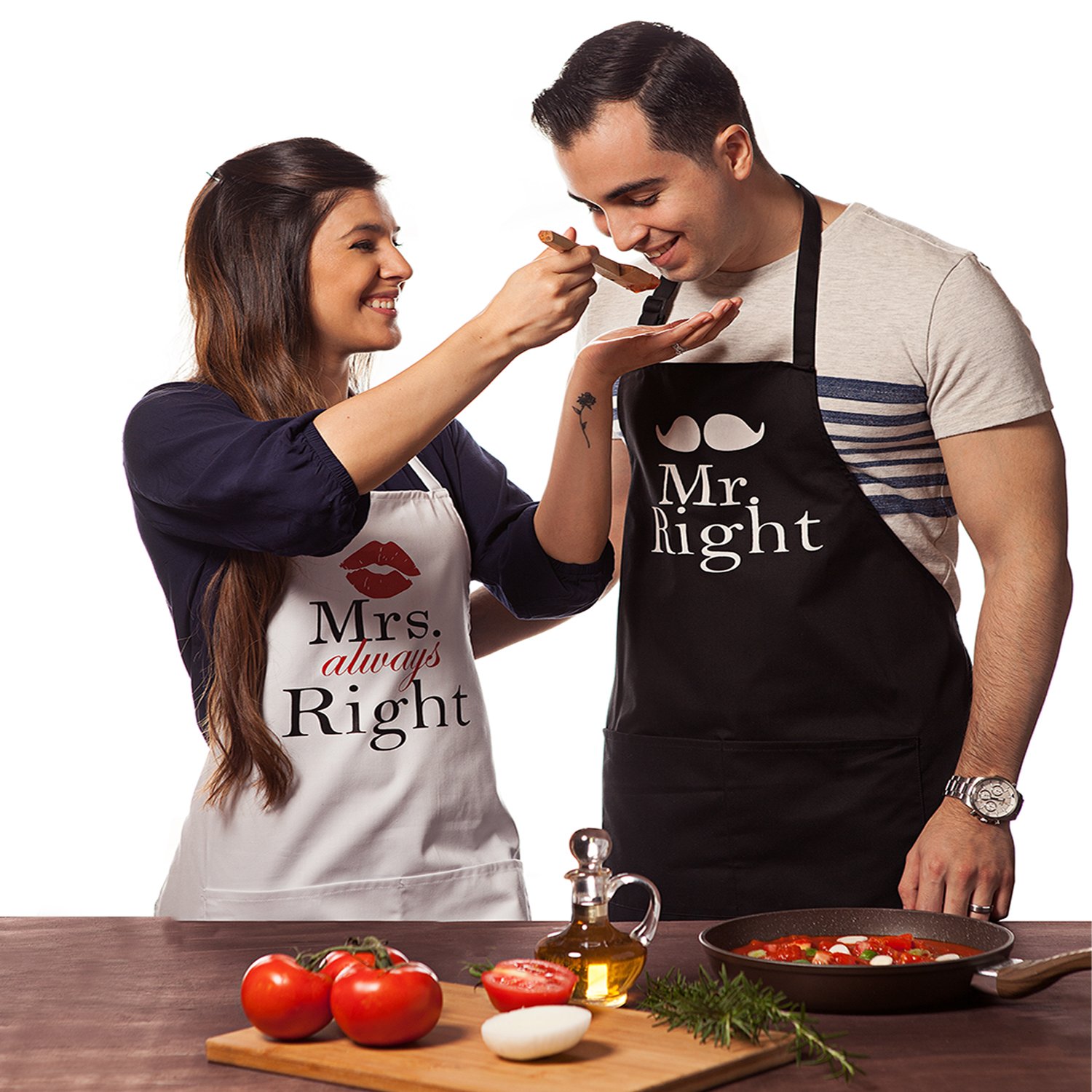 Nomsum Mr. & Mrs. Right 2-piece 1-size Matching Kitchen Apron for His and Hers, Unique Gift Ideas for Couples, Kitchen Aprons Gift Set for Weddings, Anniversaries, Engagements, and Housewarmings