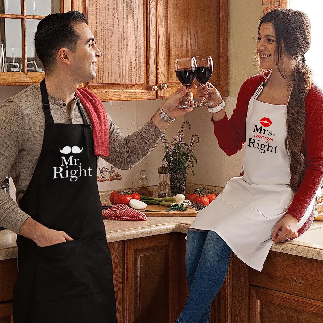 Nomsum Mr. & Mrs. Right 2-piece 1-size Matching Kitchen Apron for His and Hers, Unique Gift Ideas for Couples, Kitchen Aprons Gift Set for Weddings, Anniversaries, Engagements, and Housewarmings