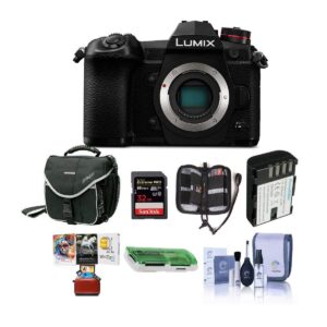 panasonic lumix g9 mirrorless camera, black - bundle with 32gb sdhc u3 card, spare battery, camera case, cleaning kit, memory wallet, card reader, mac software package