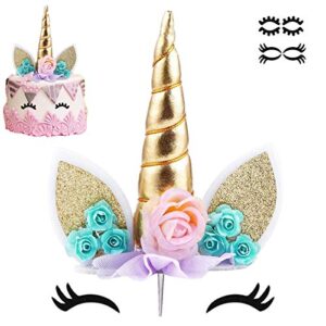 unicorn cake topper party supplies decorations for girls gold unicorn horn first birthday cake topper kit with eyelashes, 5.8 inch