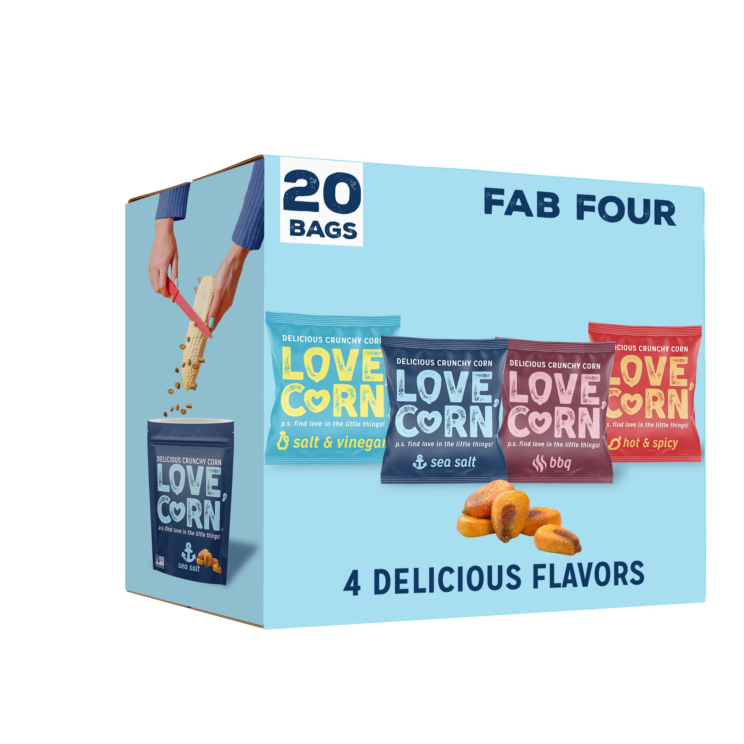 LOVE CORN Fab Four - Sea Salt, BBQ, Salt & Vinegar, Hot Spicy 0.7oz x 20 Delicious Crunchy Corn Healthy Family Snacks Gluten Free, Kosher, NON-GMO Alternative for Chips, Nuts, Crackers Pretzels