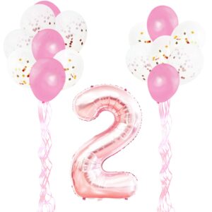 kungyo 2nd birthday party decorations kit- giant rose gold number 2 foil balloon, latex confetti balloons, pink ribbons, 18 pieces party supplies set for girls birthday anniversary ceremony