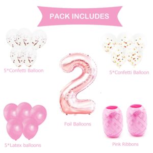 KUNGYO 2nd Birthday Party Decorations Kit- Giant Rose Gold Number 2 Foil Balloon, Latex Confetti Balloons, Pink Ribbons, 18 Pieces Party Supplies Set for Girls Birthday Anniversary Ceremony