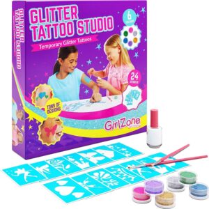 girlzone temporary glitter tattoos kit for girls, 33 fun pieces in 1 sparkly glitter tattoos for kids kit, easy to apply and remove glitter tattoo kit for kids creative playtime and dress up parties