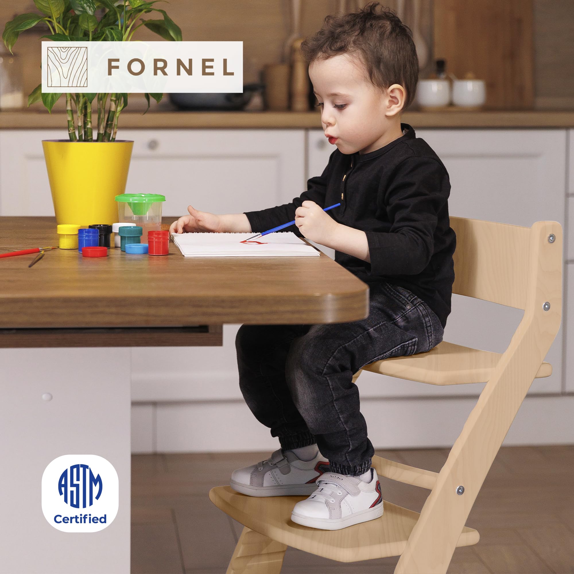 FORNEL Wooden High Chair for Babies and Toddlers - Adjustable Height Easy to Clean Toddler Highchair - Kids Dining Chair from 3 Years to 200 Lb, Grow with Child - Natural Birch