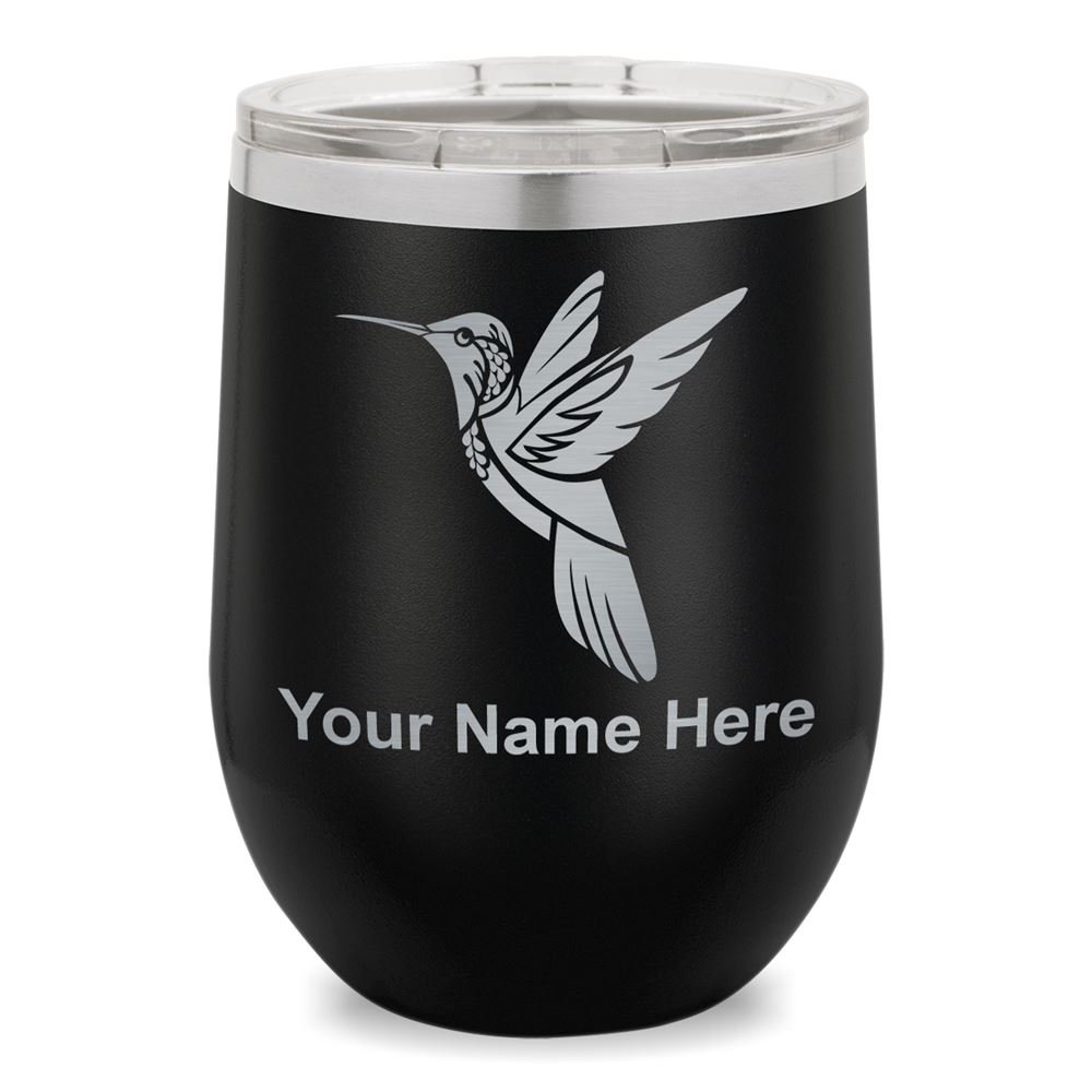 SkunkWerkz Wine Glass Tumbler, Hummingbird, Personalized Engraving Included (Black)