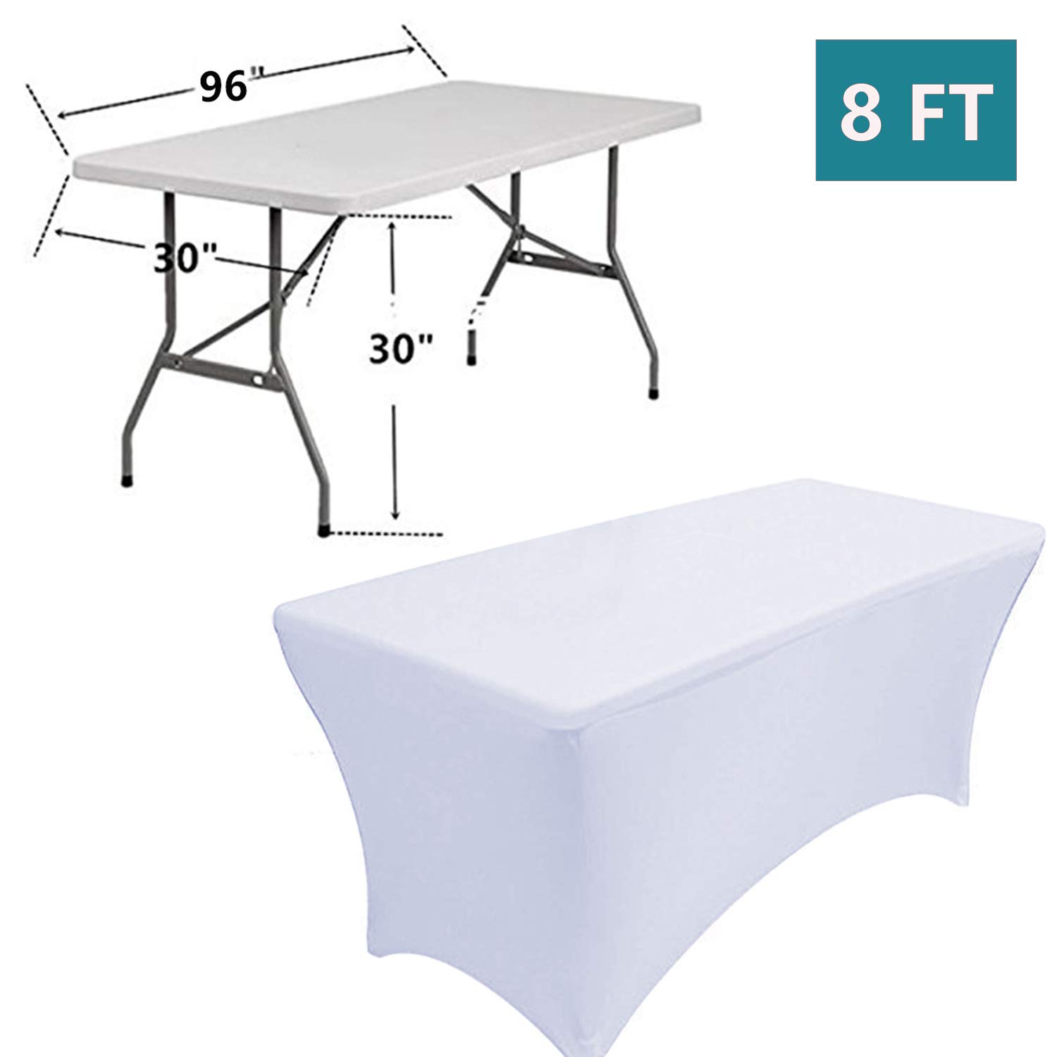 RELIANCER 2 Pack 8FT Rectangular Spandex Table Cover Four-Way Tight Fitted Stretch Tablecloth Table Cloth for Outdoor Party DJ Tradeshow Banquet Vendor Wedding Celebration (2PC 8FT, White)