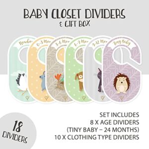 Baby Closet dividers & Baby Clothes Organizer - 18 x Baby Clothes Closet dividers - Neutral Hangers (boy & Girl) - Size & Age Baby Clothes dividers - Cozy Hedgehog