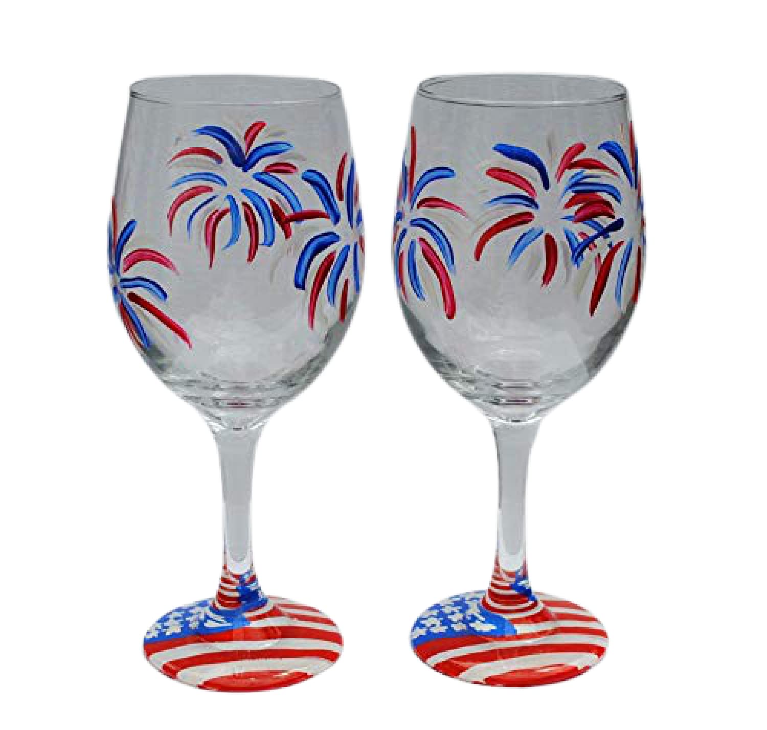 Fireworks USA American Flag Hand Painted Stemmed Wine Glasses Set of 2