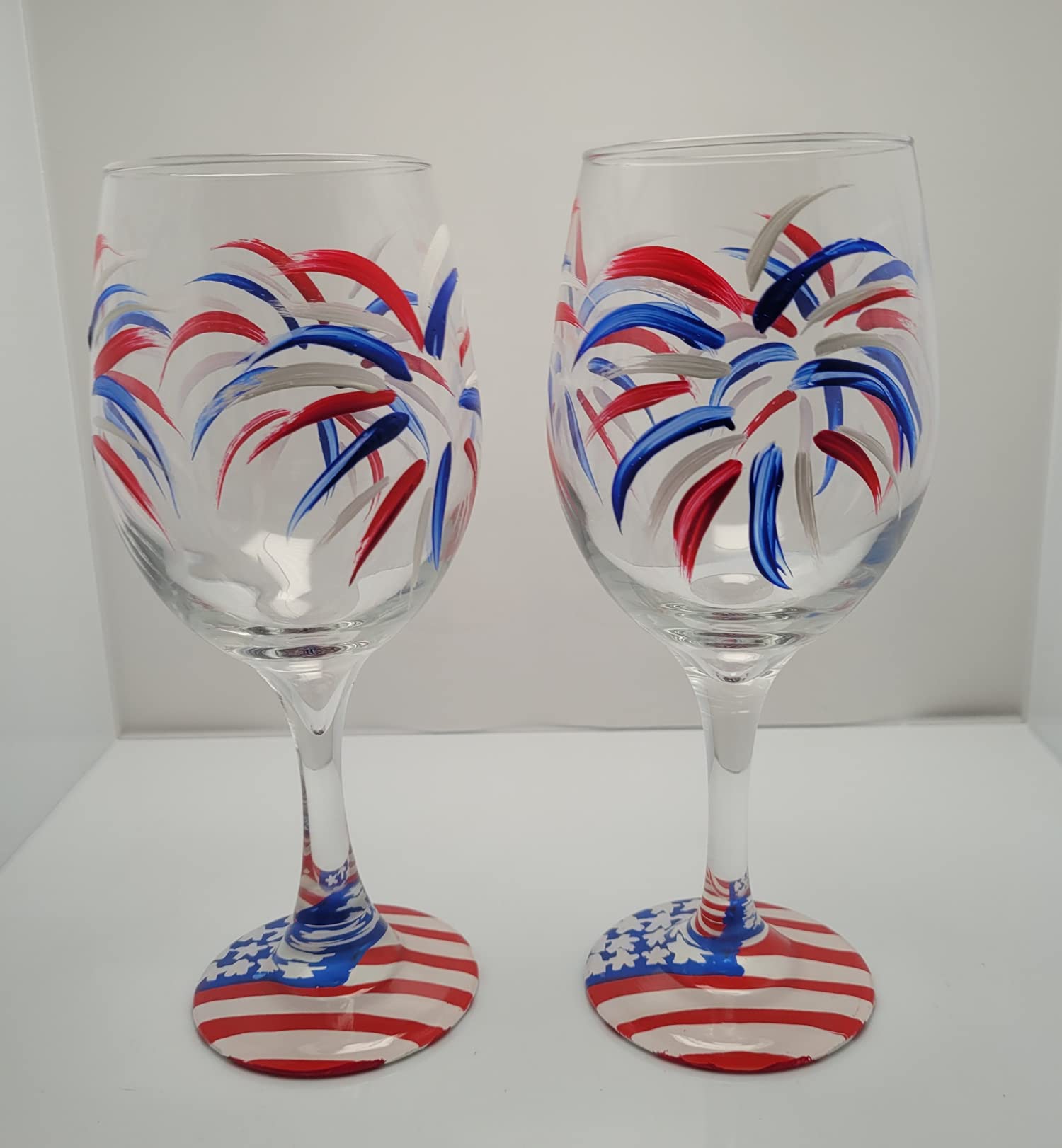 Fireworks USA American Flag Hand Painted Stemmed Wine Glasses Set of 2