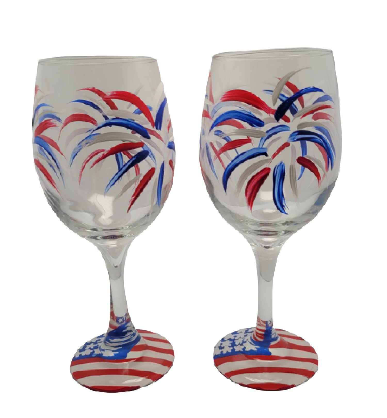 Fireworks USA American Flag Hand Painted Stemmed Wine Glasses Set of 2