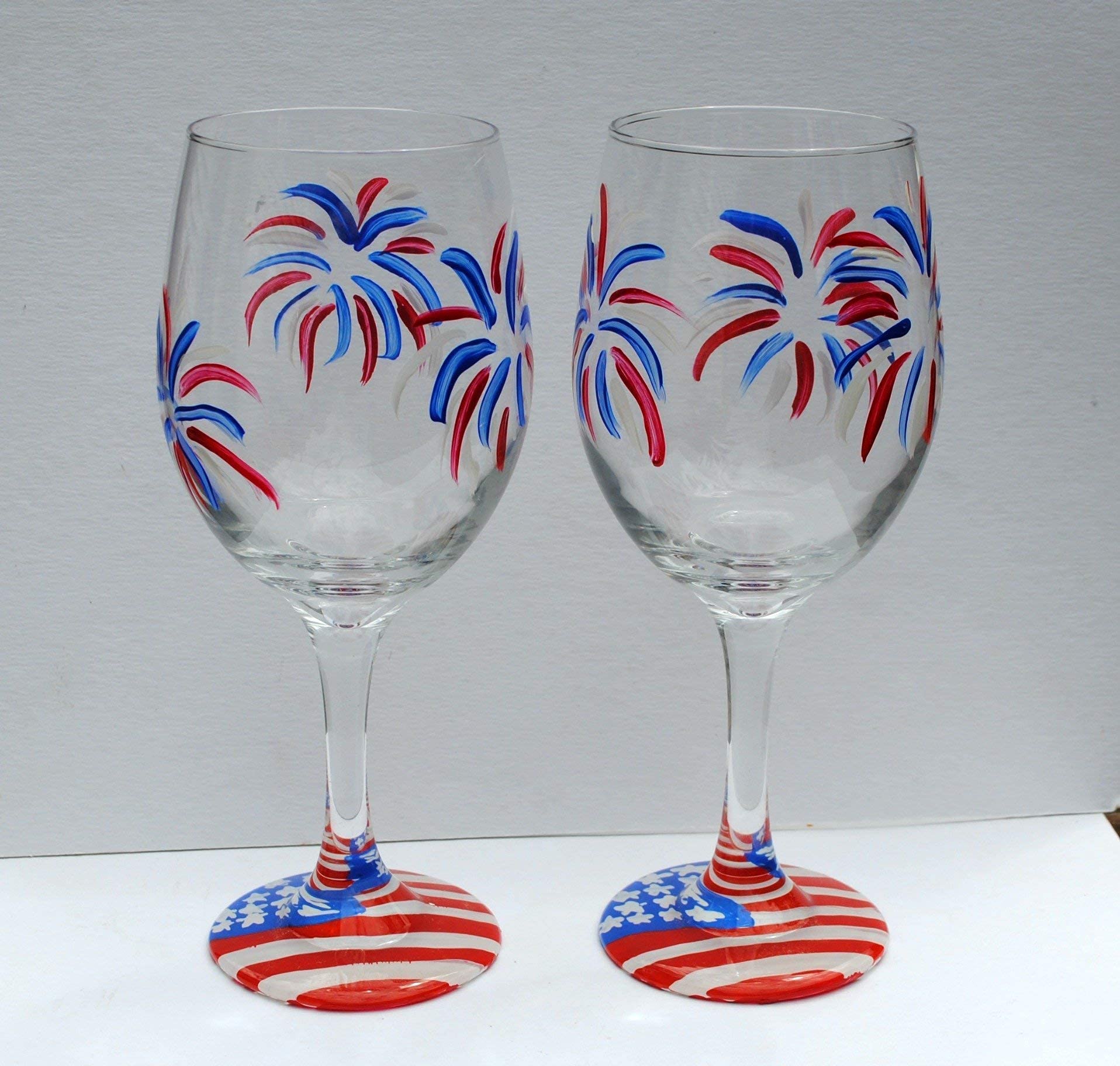 Fireworks USA American Flag Hand Painted Stemmed Wine Glasses Set of 2