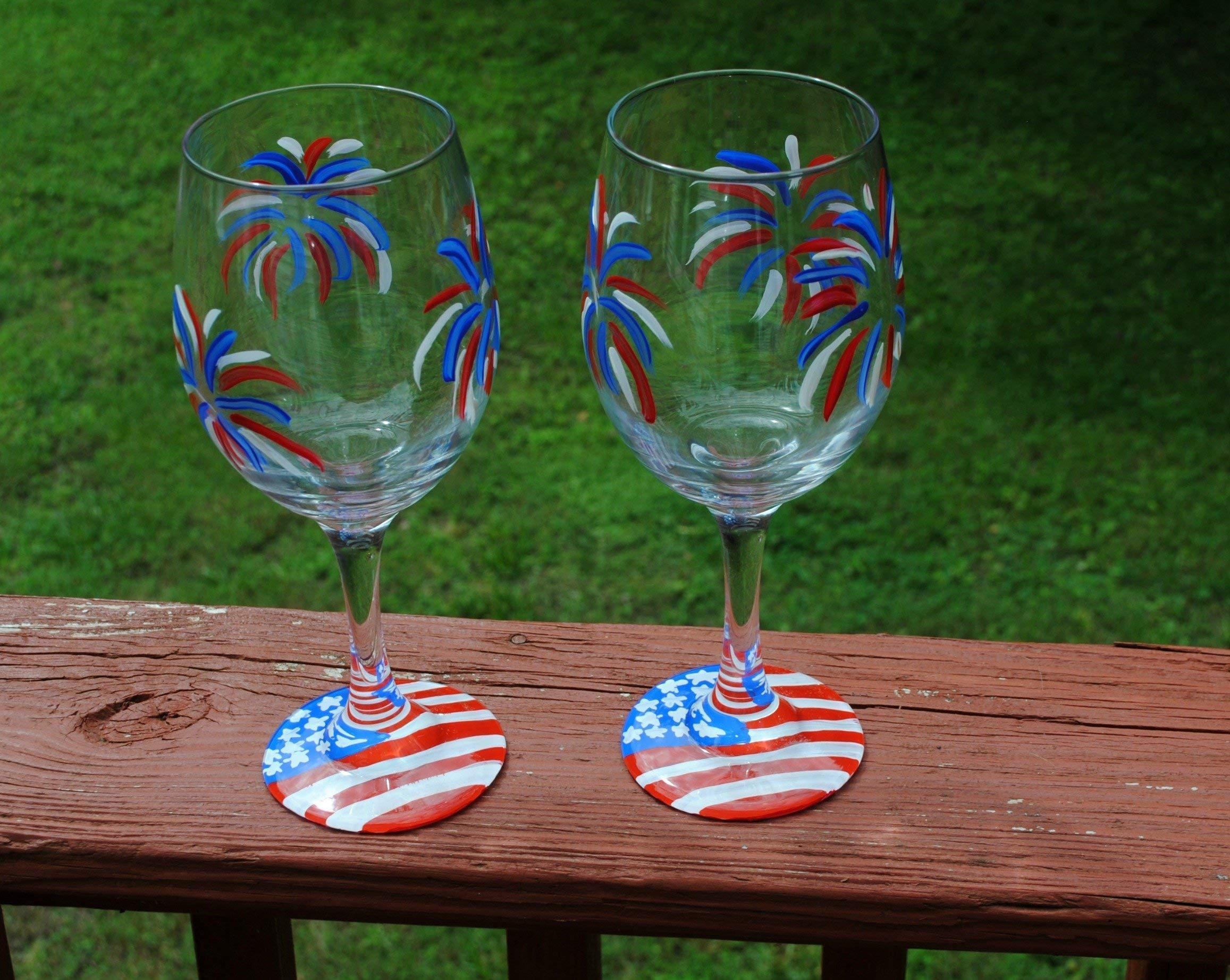 Fireworks USA American Flag Hand Painted Stemmed Wine Glasses Set of 2