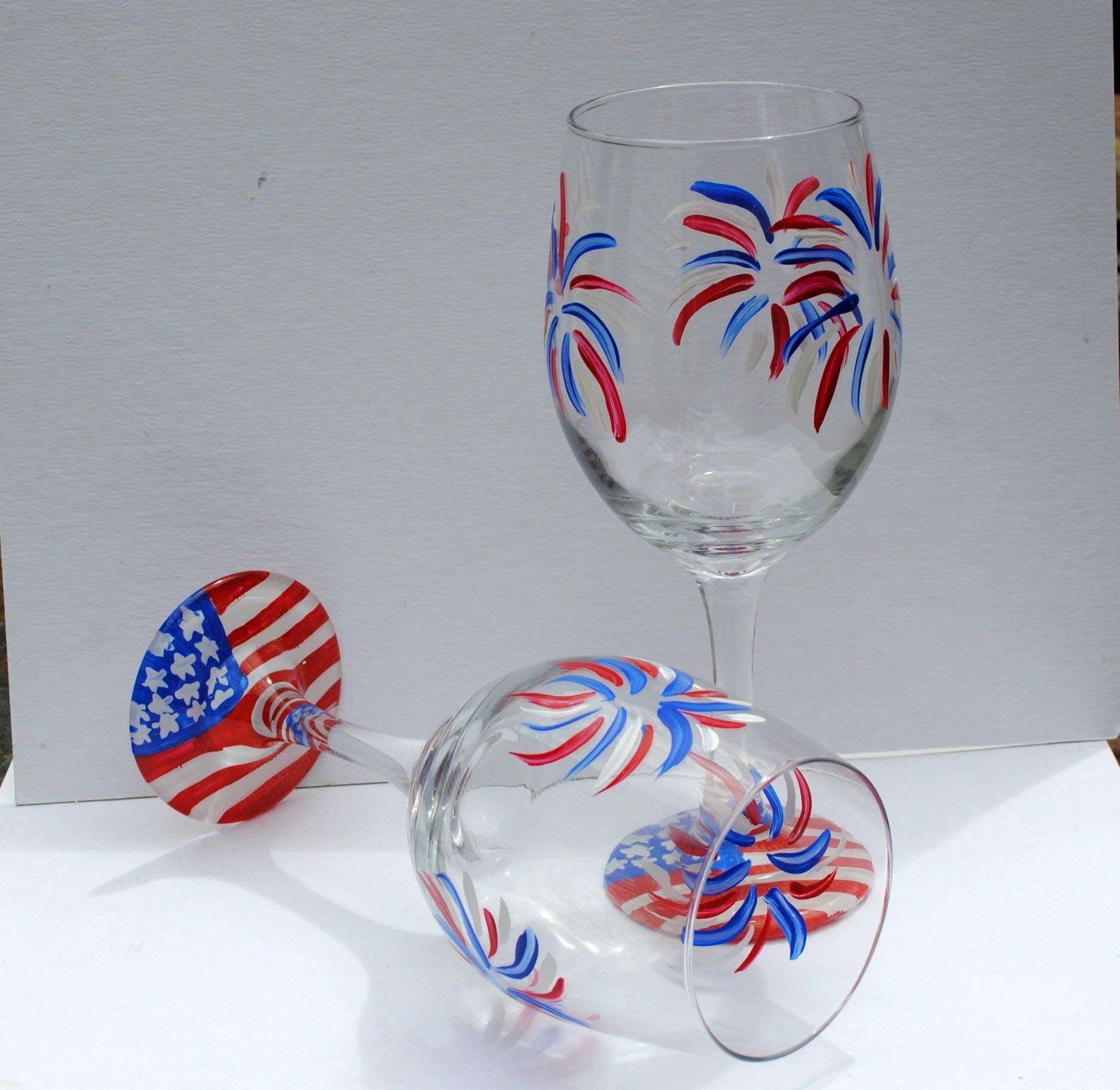 Fireworks USA American Flag Hand Painted Stemmed Wine Glasses Set of 2