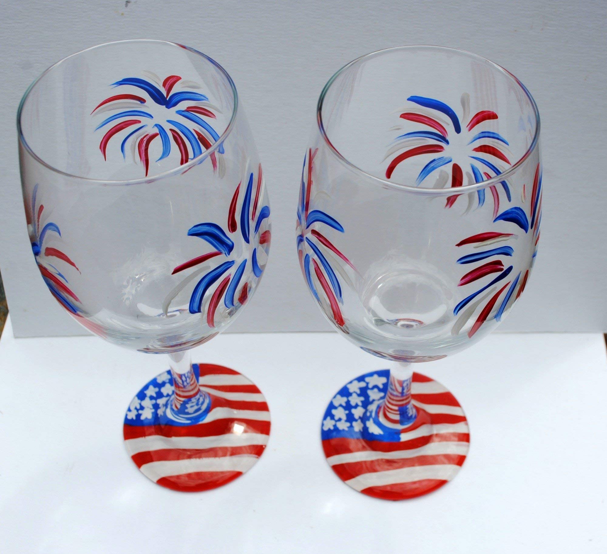 Fireworks USA American Flag Hand Painted Stemmed Wine Glasses Set of 2