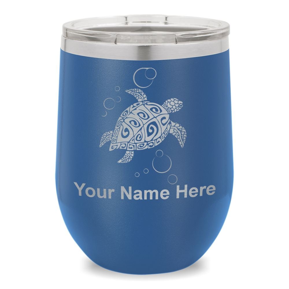 SkunkWerkz Wine Glass Tumbler, Hawaiian Sea Turtle, Personalized Engraving Included (Dark Blue)