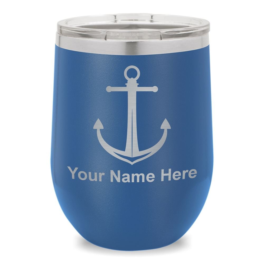 SkunkWerkz Wine Glass Tumbler, Boat Anchor, Personalized Engraving Included (Dark Blue)