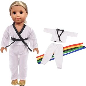 18 inch girl doll clothes white karate / tae kwon do outfit includes blouse, pants and 5 belts - yellow, green, red, blue and black - for 18inch girl doll naa02