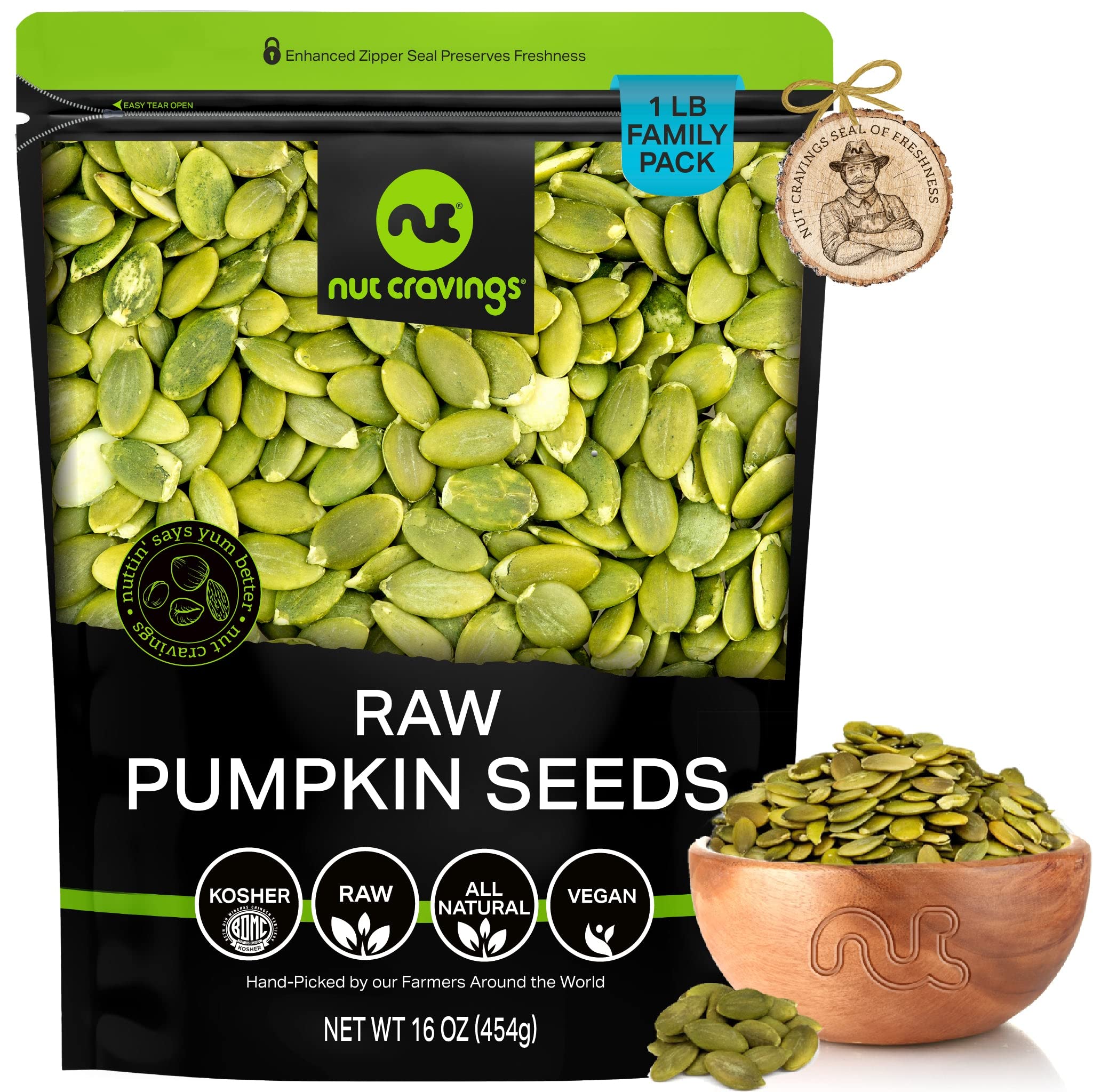 Nut Cravings - Raw Pumpkin Seeds Pepitas, Unsalted, Shelled, Equivalent to Organic (16oz - 1 LB) Bulk Nuts Packed Fresh in Resealable Bag - Healthy Protein Snack, All Natural, Keto, Vegan, Kosher