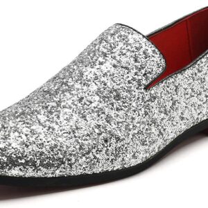 Mens Smoking Slipper Metallic Sparkling Glitter Tuxedo Slip on Dress Shoes Loafers Shoes (12.0 D(M) US, Silver)