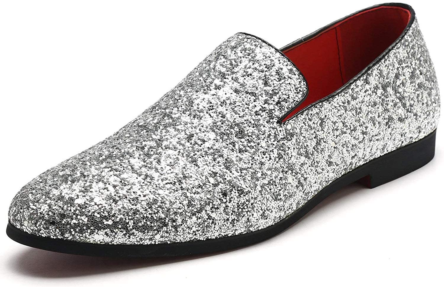 Mens Smoking Slipper Metallic Sparkling Glitter Tuxedo Slip on Dress Shoes Loafers Shoes (12.0 D(M) US, Silver)