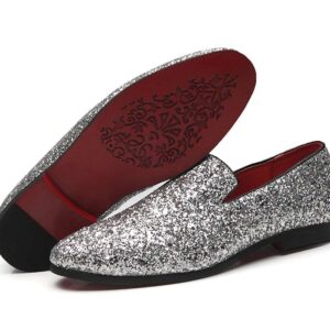 Mens Smoking Slipper Metallic Sparkling Glitter Tuxedo Slip on Dress Shoes Loafers Shoes (12.0 D(M) US, Silver)