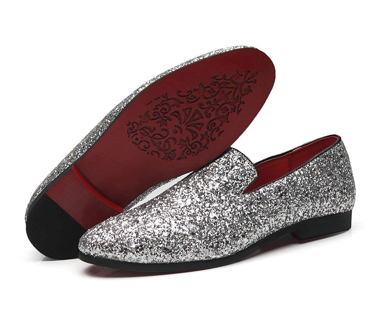 Mens Smoking Slipper Metallic Sparkling Glitter Tuxedo Slip on Dress Shoes Loafers Shoes (12.0 D(M) US, Silver)