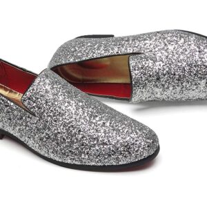 Mens Smoking Slipper Metallic Sparkling Glitter Tuxedo Slip on Dress Shoes Loafers Shoes (12.0 D(M) US, Silver)