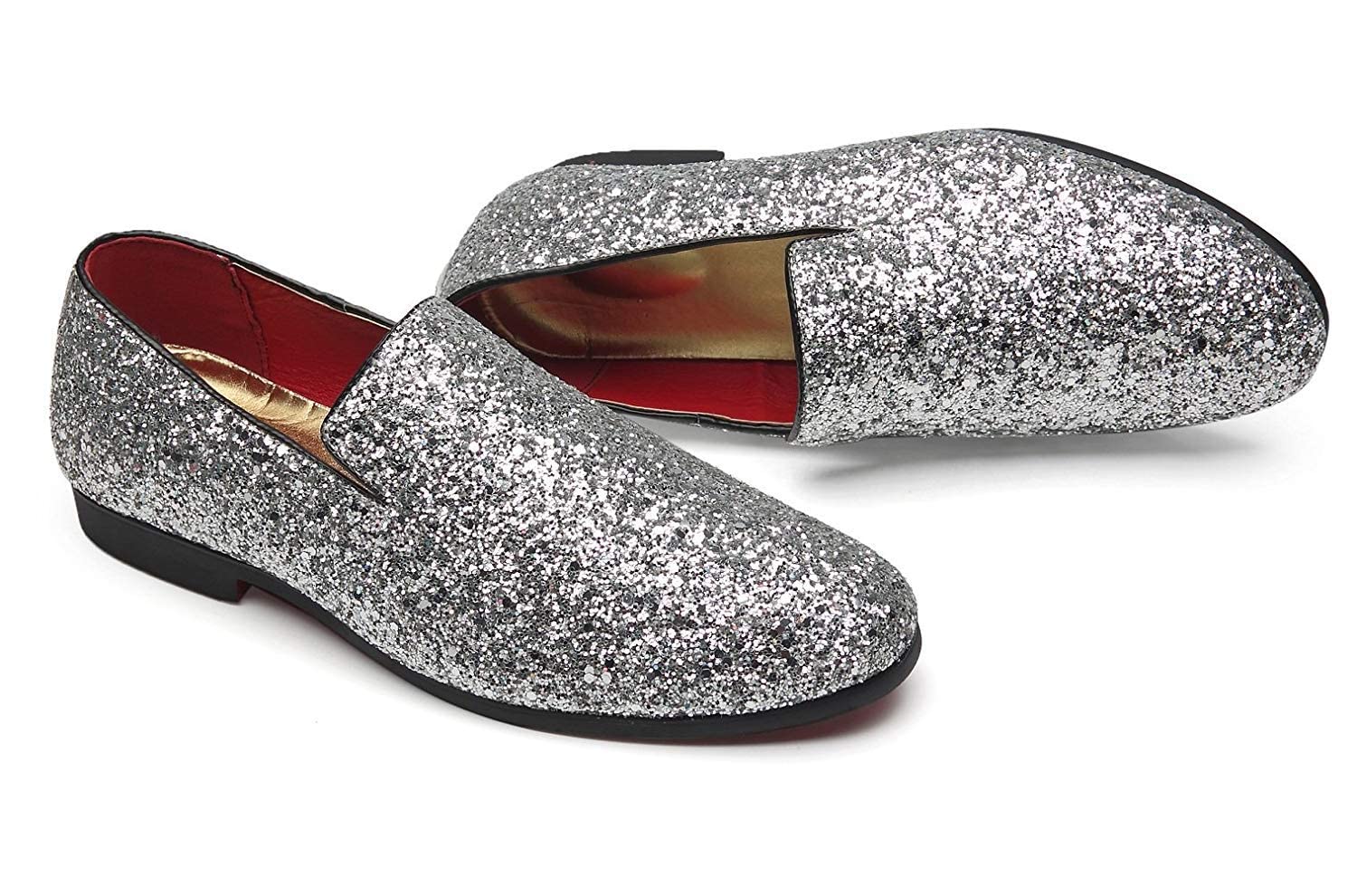 Mens Smoking Slipper Metallic Sparkling Glitter Tuxedo Slip on Dress Shoes Loafers Shoes (12.0 D(M) US, Silver)