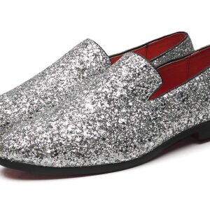 Mens Smoking Slipper Metallic Sparkling Glitter Tuxedo Slip on Dress Shoes Loafers Shoes (12.0 D(M) US, Silver)