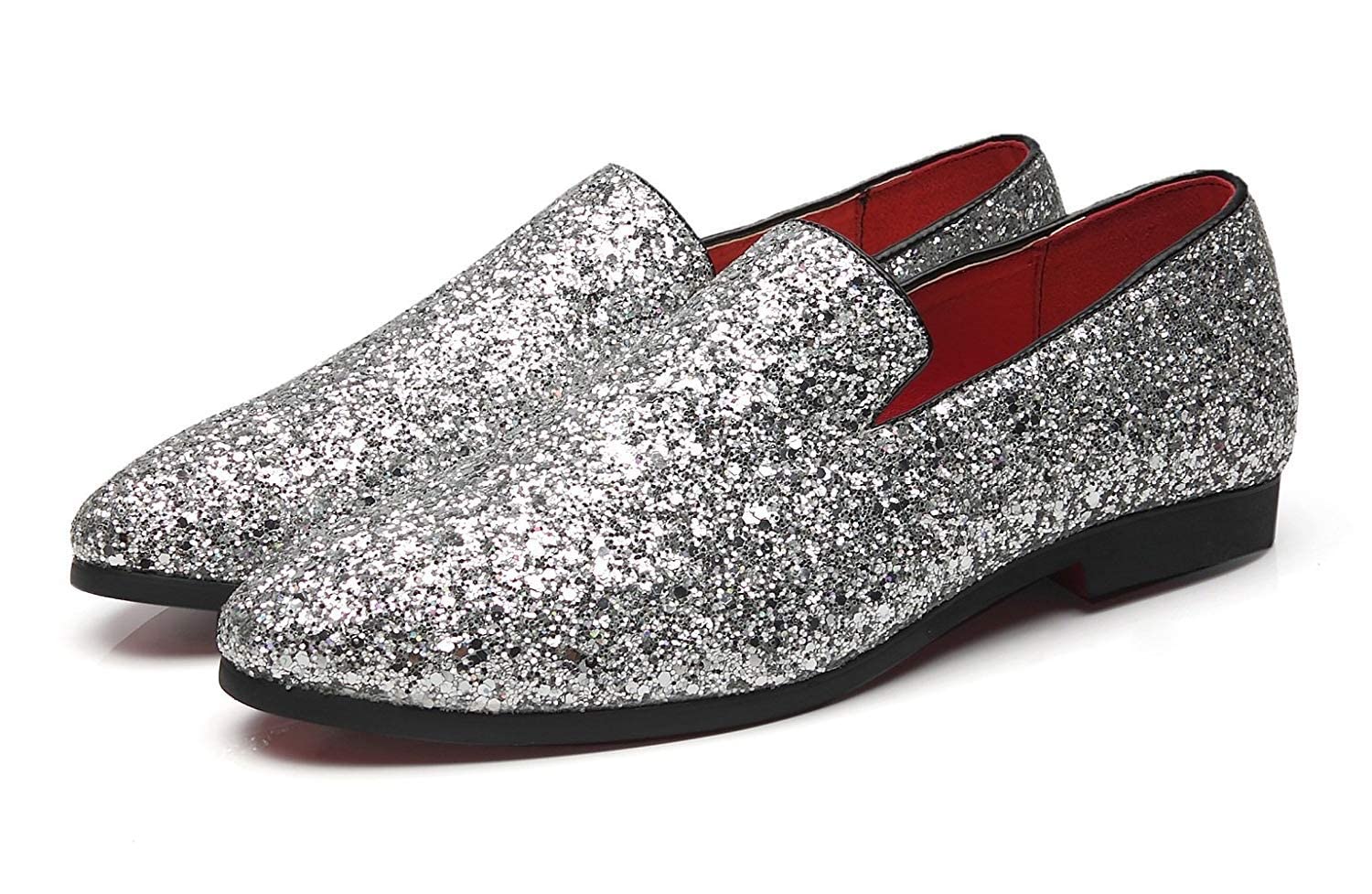 Mens Smoking Slipper Metallic Sparkling Glitter Tuxedo Slip on Dress Shoes Loafers Shoes (12.0 D(M) US, Silver)