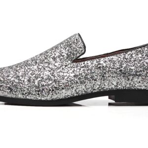 Mens Smoking Slipper Metallic Sparkling Glitter Tuxedo Slip on Dress Shoes Loafers Shoes (12.0 D(M) US, Silver)