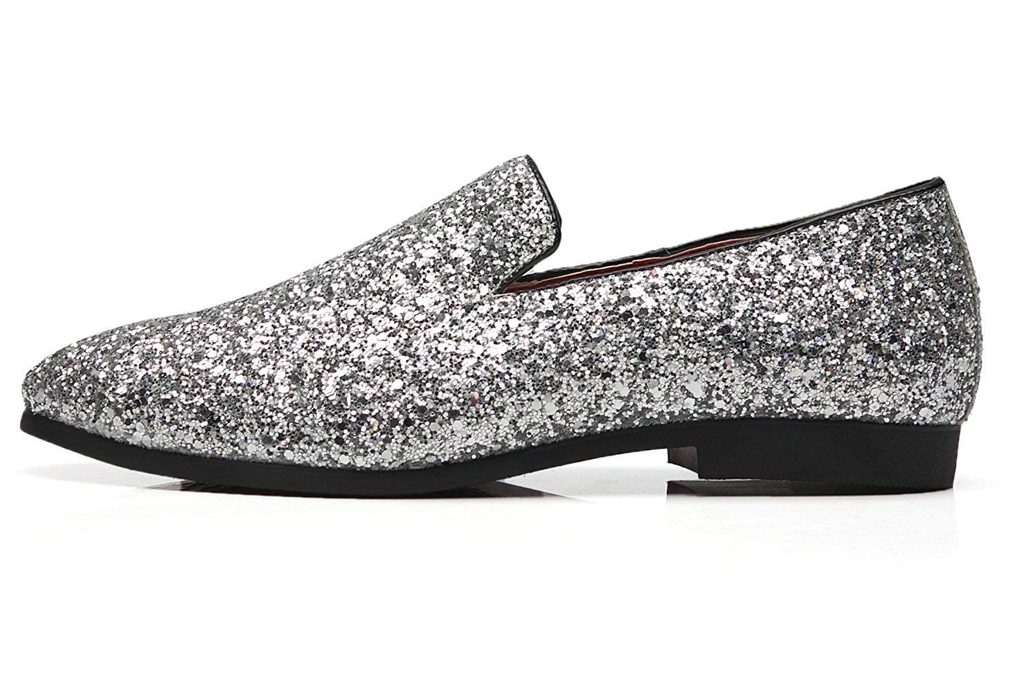 Mens Smoking Slipper Metallic Sparkling Glitter Tuxedo Slip on Dress Shoes Loafers Shoes (12.0 D(M) US, Silver)