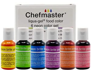 chefmaster - neon liqua-gel food coloring - fade resistant food coloring - 6 pack of 20ml bottles - stunning, vivid colors with lightweight and easy-to-blend formula - made in the usa