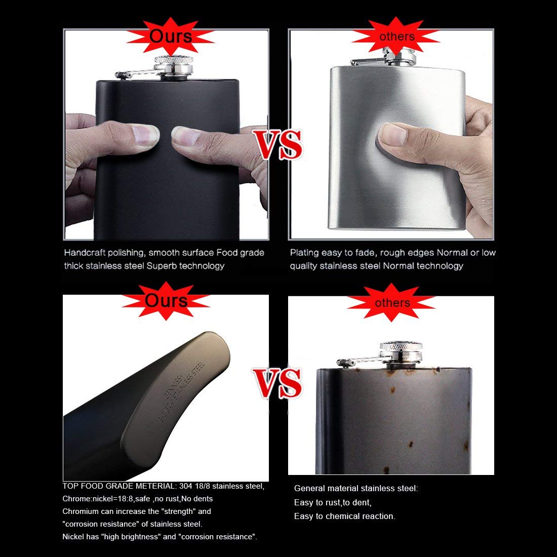 GENNISSY 12oz Whiskey Flasks for Liquor for Men, 304 18/11 Stainless Steel Leakproof with Funnel, with Never-Lose Metal Cap, Hip Flask Gift Sets for Groomsmen, Camping Pocket Metal Flask