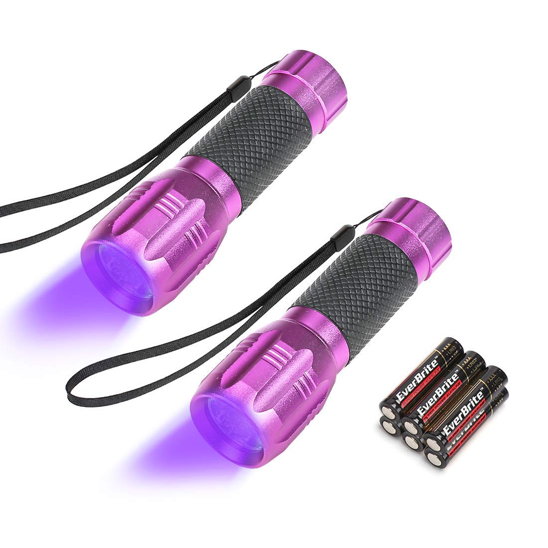 EverBrite Black Light, UV Blacklight Flashlights 2-Pack, 12 LEDs 395nm, 3 Free AAA Batteries, for Pets Urine and Stains Detector 6 Batteries Included Purple