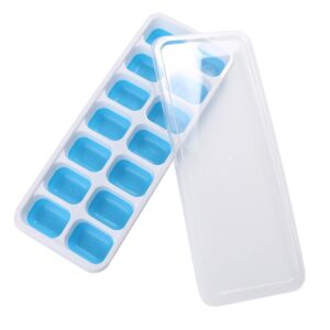 covered ice cube tray set with 14 ice cubes molds flexible rubber plastic, stackable durable and dishwasher (blue)