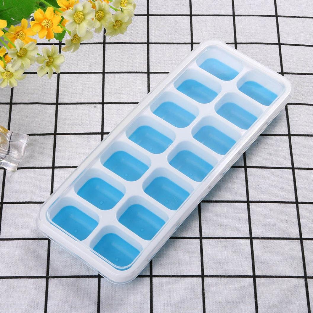 Covered Ice Cube Tray Set with 14 Ice Cubes Molds Flexible Rubber Plastic, Stackable Durable and Dishwasher (Blue)