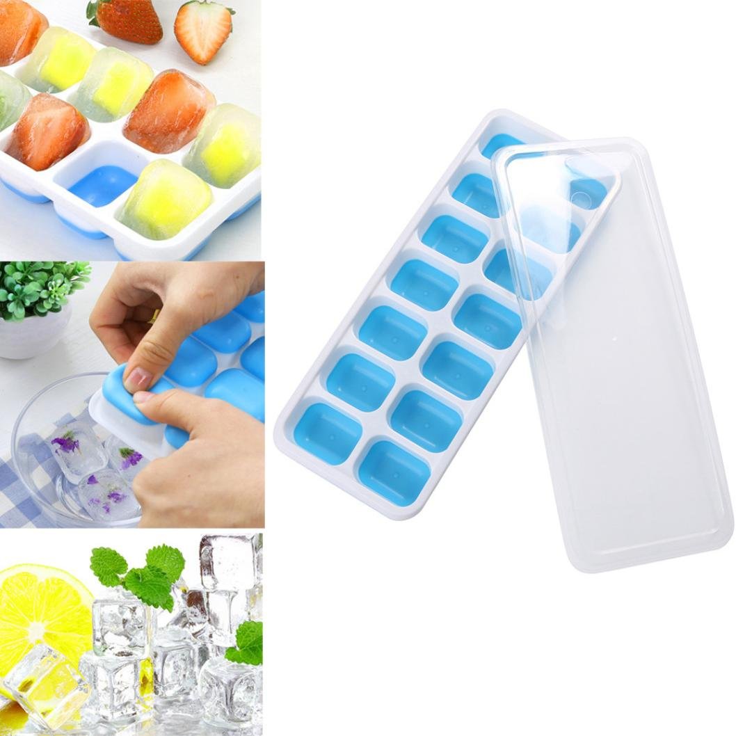 Covered Ice Cube Tray Set with 14 Ice Cubes Molds Flexible Rubber Plastic, Stackable Durable and Dishwasher (Blue)